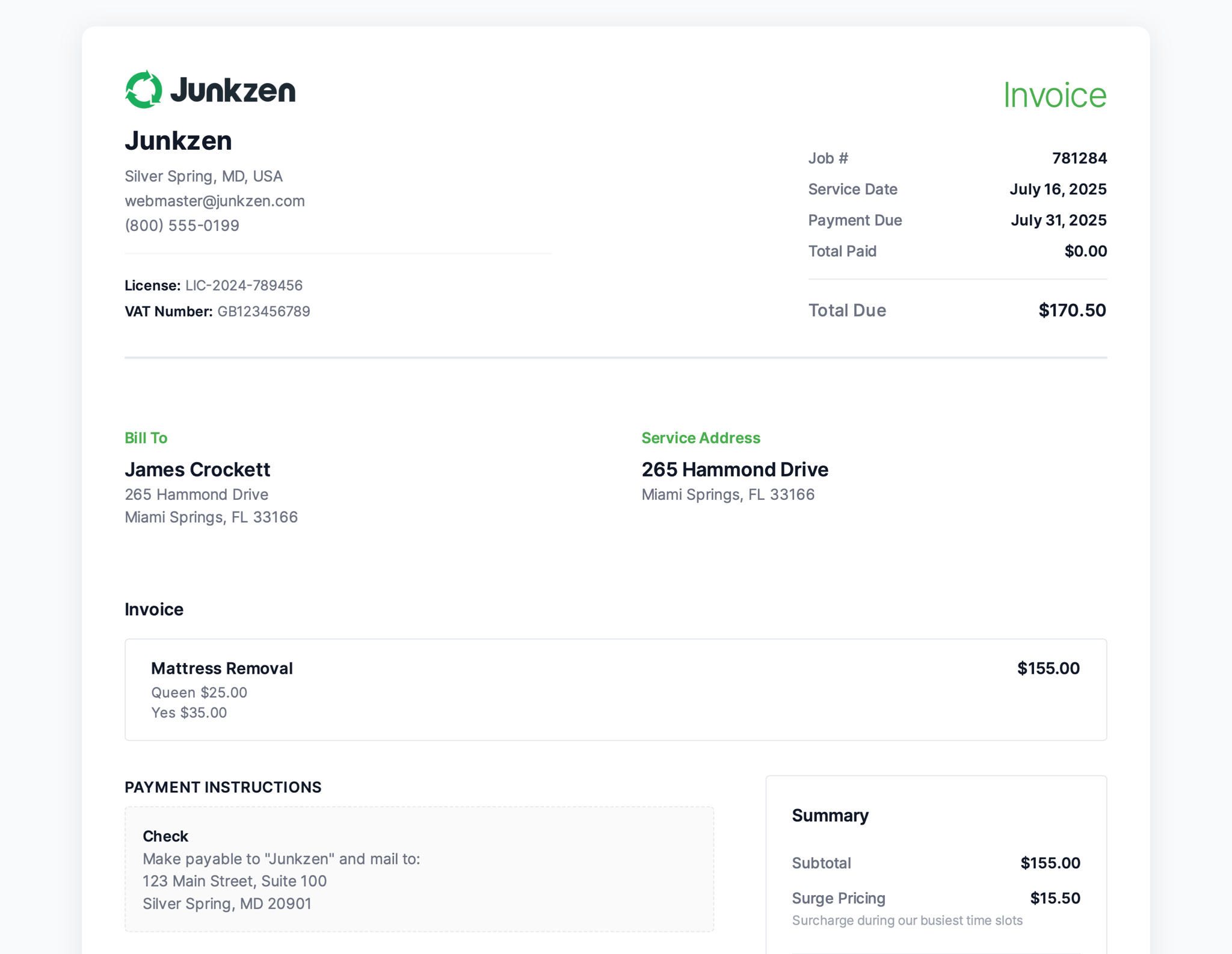 INVOICE/イリュージョン PDF Invoices & Custom Payment Instructions | Zenbooker